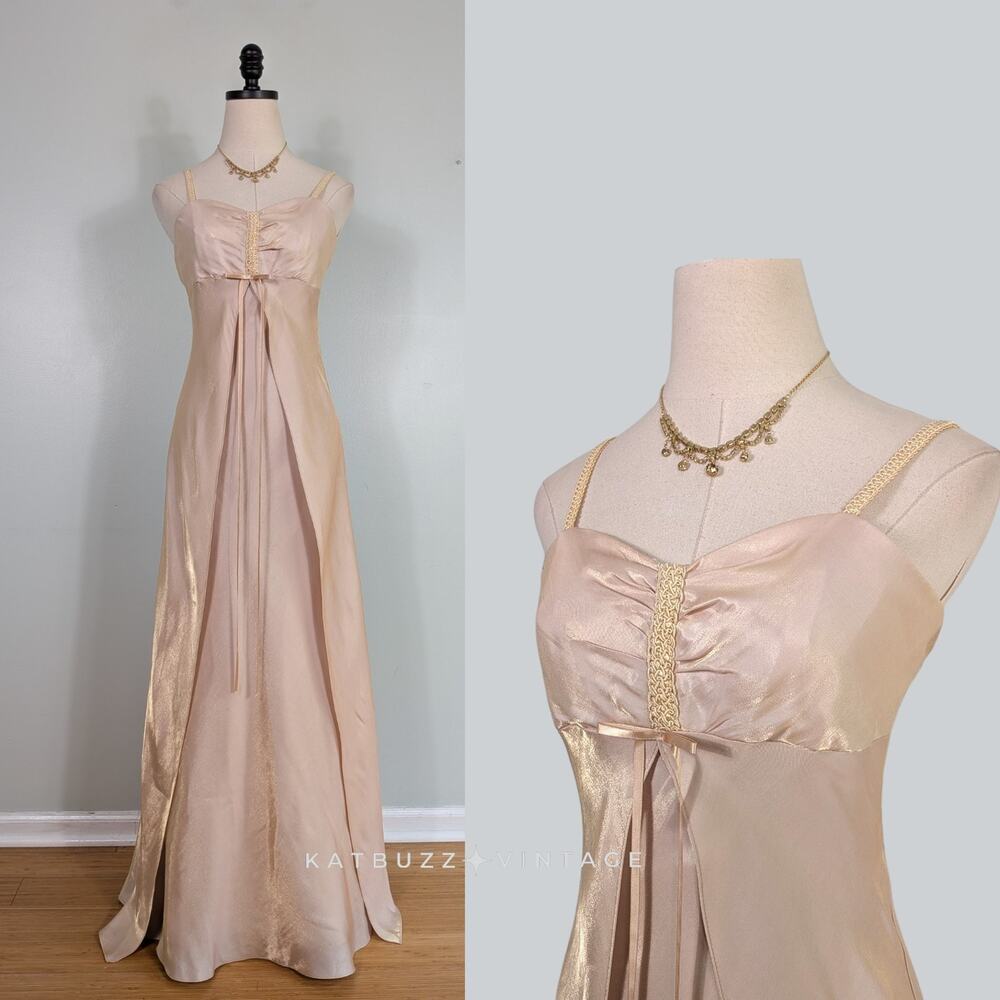 Vintage Prom Dress Maxi Gown S Gold Babydoll Fairy Princess 90S Y2K Bow Feminine